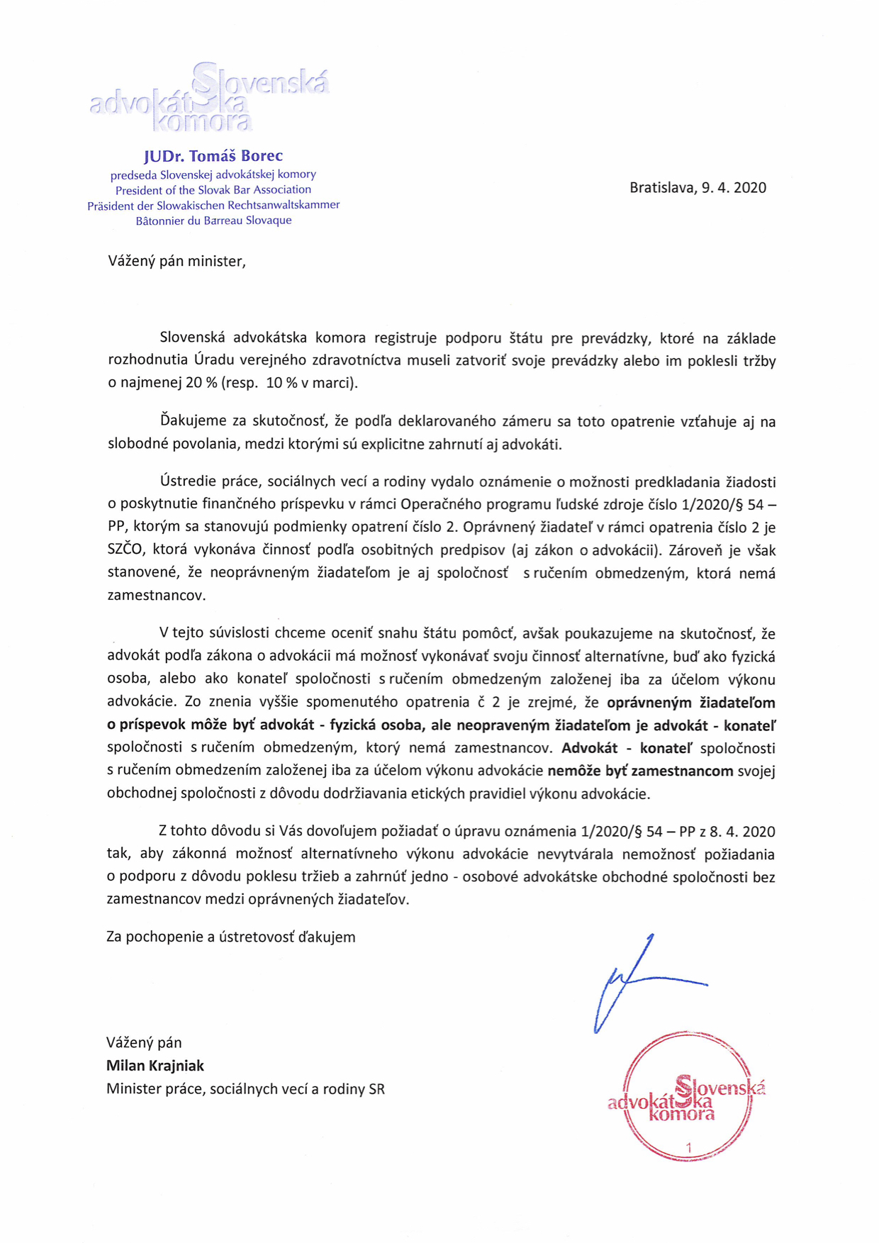 List predsedu SAK T. Boreca ministrovi práce, sociálnych vecí a rodiny k čerpaniu štátnej pomoci