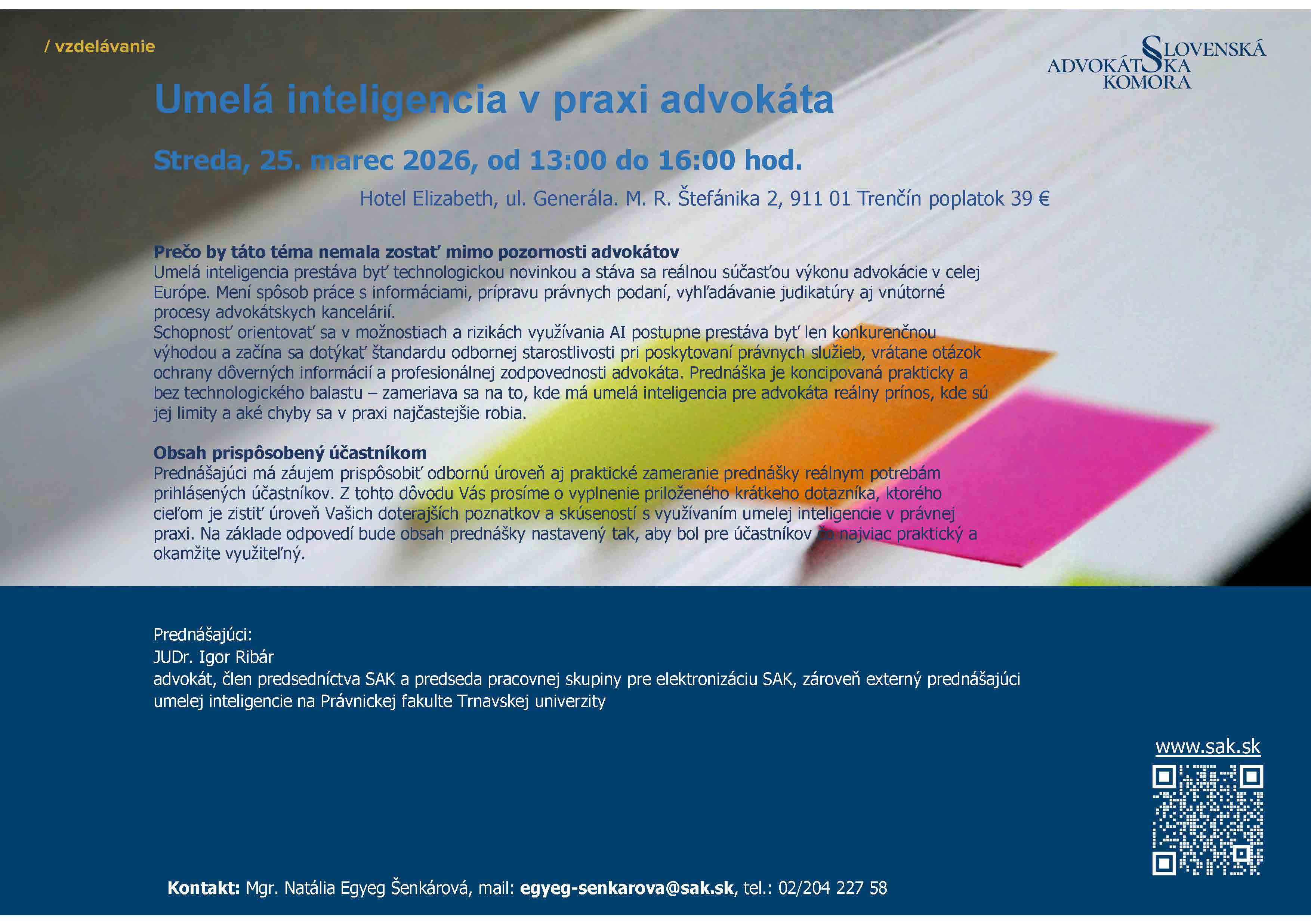 Umelá inteligencia v praxi advokáta – pozvánka na prednášku (Trenčín) 