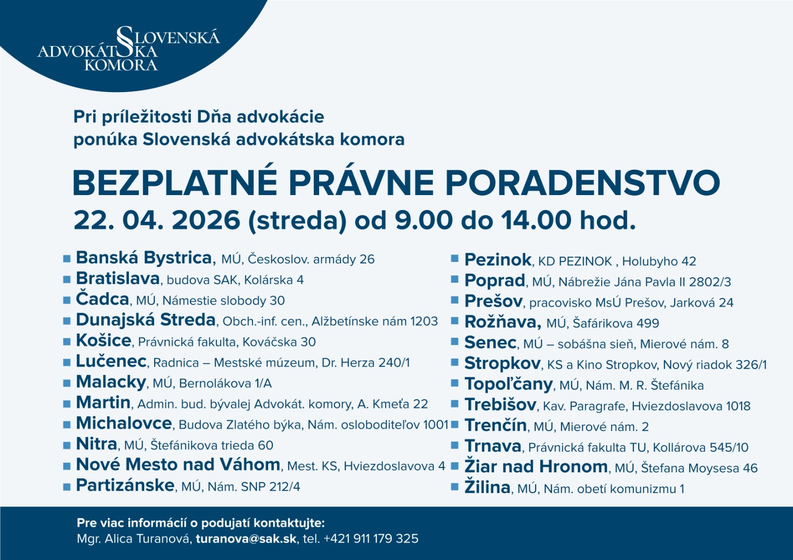 Deň advokácie: advokáti budú 22. apríla 2026 bezplatne pomáhať v 24 slovenských mestách