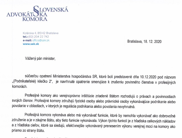 SAK zaslala otvorené listy 4 ústavným činiteľom kde vyjadrila zásadný nesúhlas s rušením povinného členstva v profesijných komorách