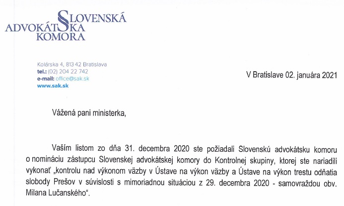 Odpoveď predsedu SAK na žiadosť ministerky o nomináciu zástupcu do Kontrolnej skupiny v súvislosti s úmrtím M.Lučanského