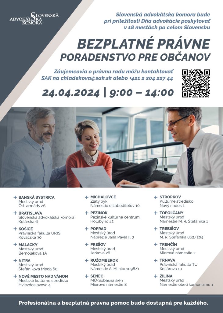 Bezplatné právne poradenstvo 24. apríla 2024 v 18 mestách na Slovensku