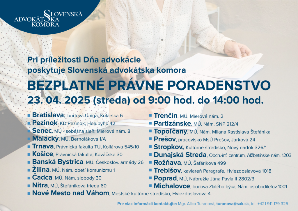 Advokáti budú 23. apríla 2025 poskytovať bezplatné právne poradenstvo až v 21 mestách po celom Slovensku