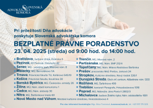 Advokáti budú 23. apríla 2025 poskytovať bezplatné právne poradenstvo až v 21 mestách po celom Slovensku
